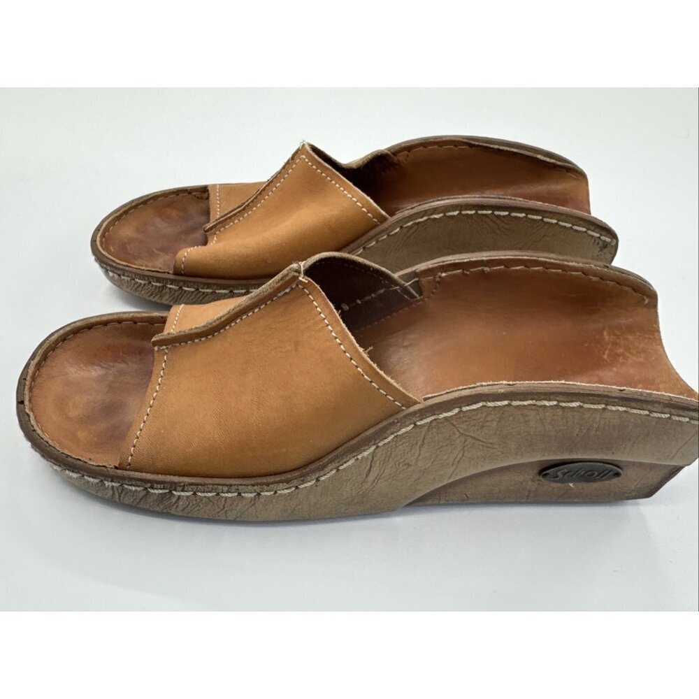 Vintage Dr Scholls Wood Sandals Womens 6 Tan Leather Slides Slip On Clogs
